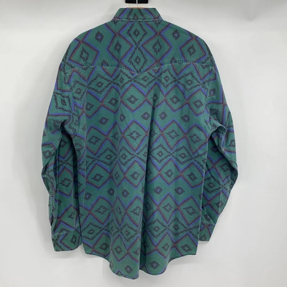 Larry Mahan Button Down Shirt Mens Size Large Green Blue Vintage Rodeo Geometric - Picture 7 of 11